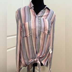 Vertical stripe blouse with muted blue and pink tones